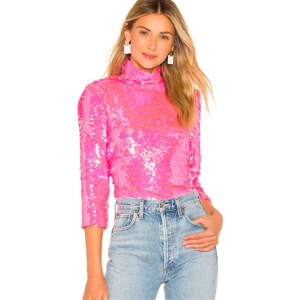 MILLY Neon Pink Sequin Turtleneck Top | Size 4 | Iridescent Paillette